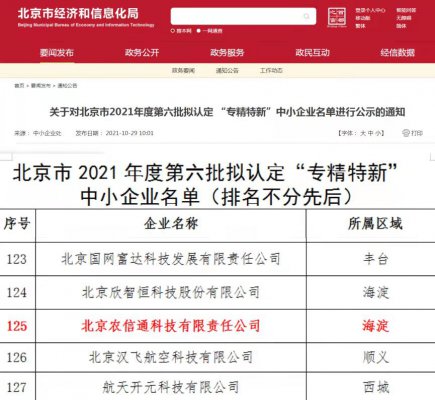 喜报：农信通公司获北京市“专精特新”中小企业称号